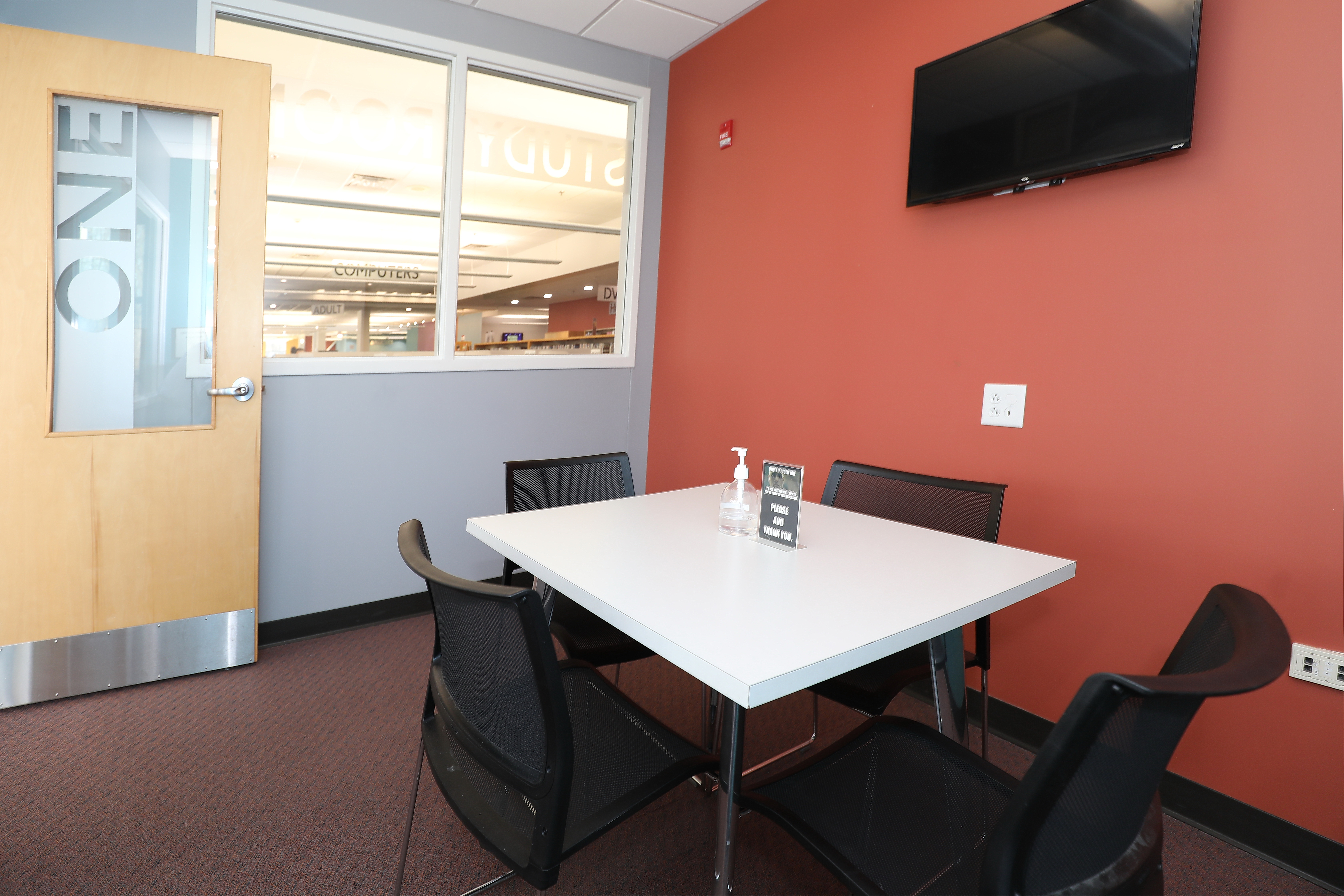 The study room allows individuals or small groups to meet, study, or have a quiet space to work during regular library hours.