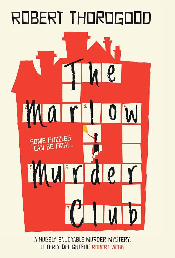 The book cover for the Marlow Murder Club. A red house with crossword boxes cut out and the title filled into the spaces