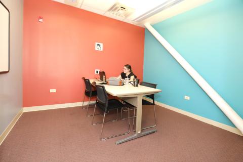 The study room allows individuals or small groups to meet, study, or have a quiet space to work during regular library hours.