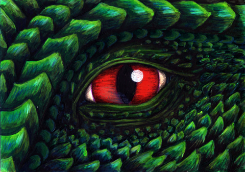 Red dragon eye with green scales