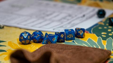 Photo of multi sided die and rpg character sheet