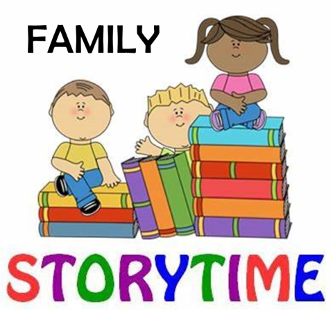 Family Storytime text and 3 kids sitting on piles of books
