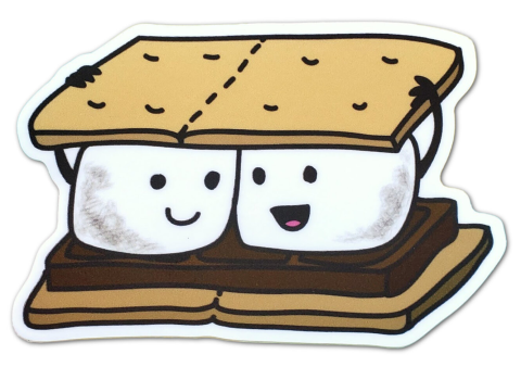 Two smiling marshmallows in a s'more