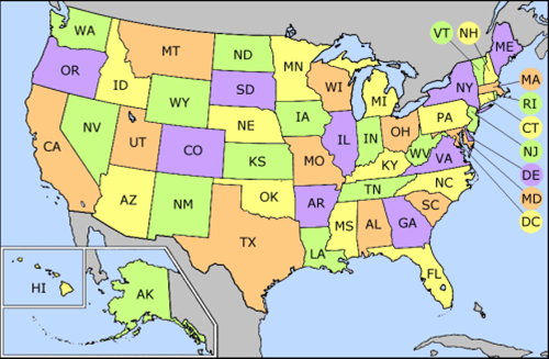 Colorful map of the U.S. with postal codes labeling the states