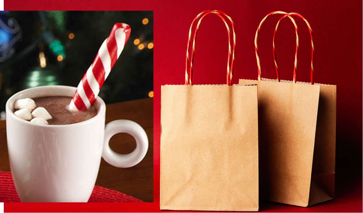 Hot Chocolate with a peppermint stick and brown gift bags