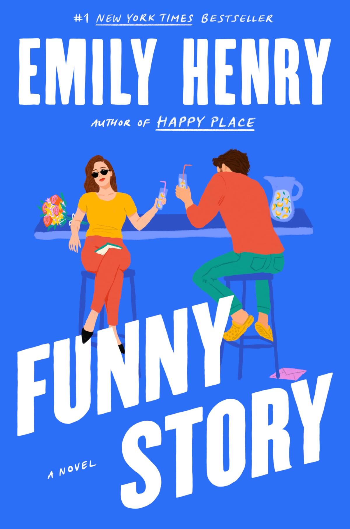 Cover to Funny Story by Emily Henry. A man and woman sitting at a bar cheering with drinks.