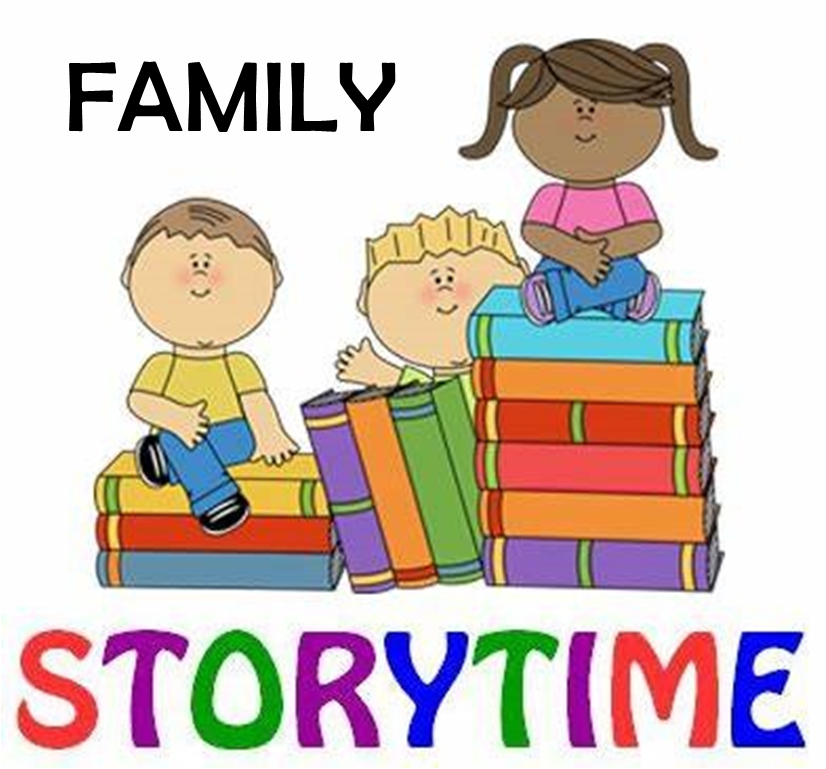 Family Storytime text and 3 kids sitting on piles of books