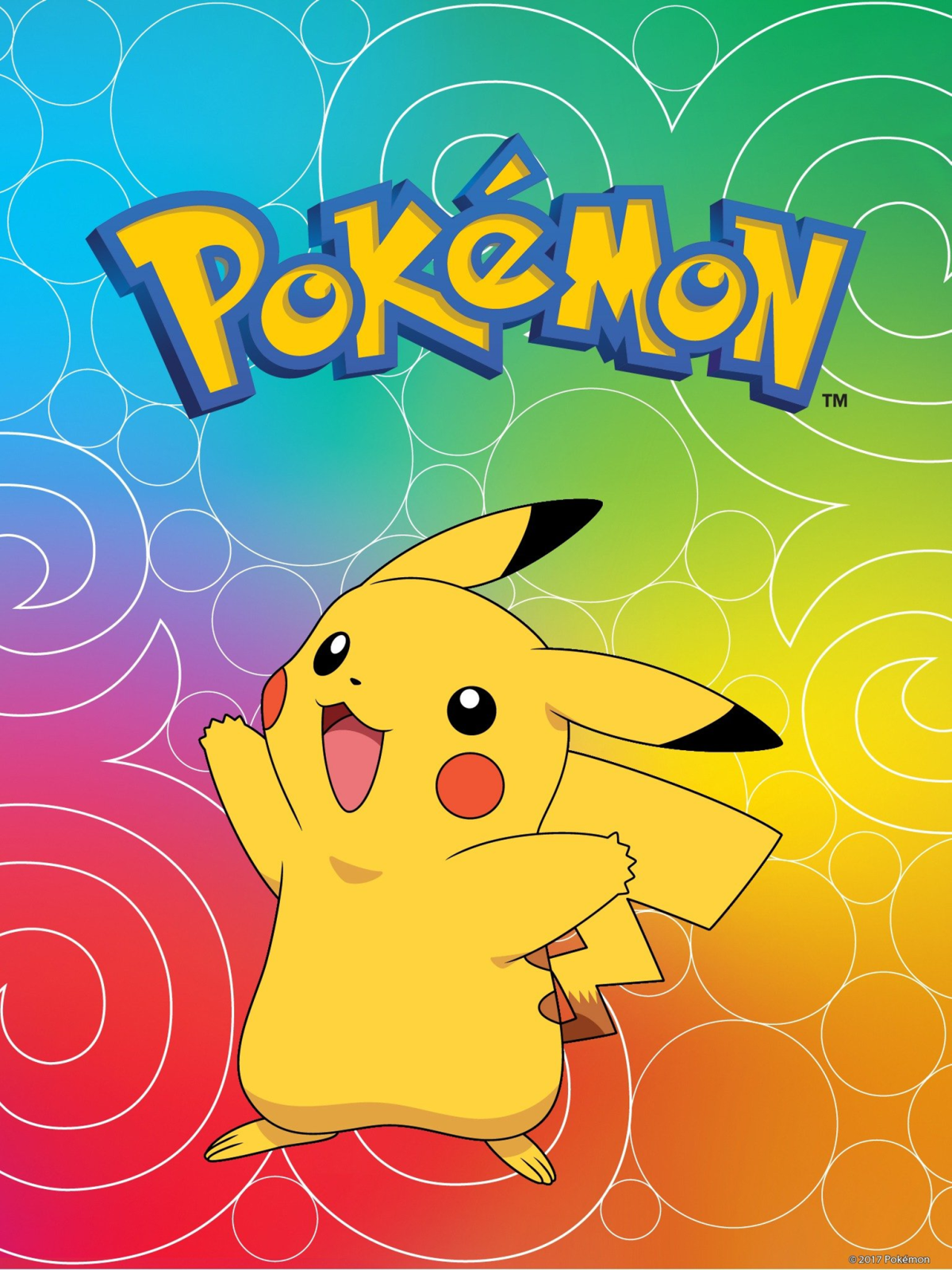 Pikachu and word Pokemon on a rainbow background