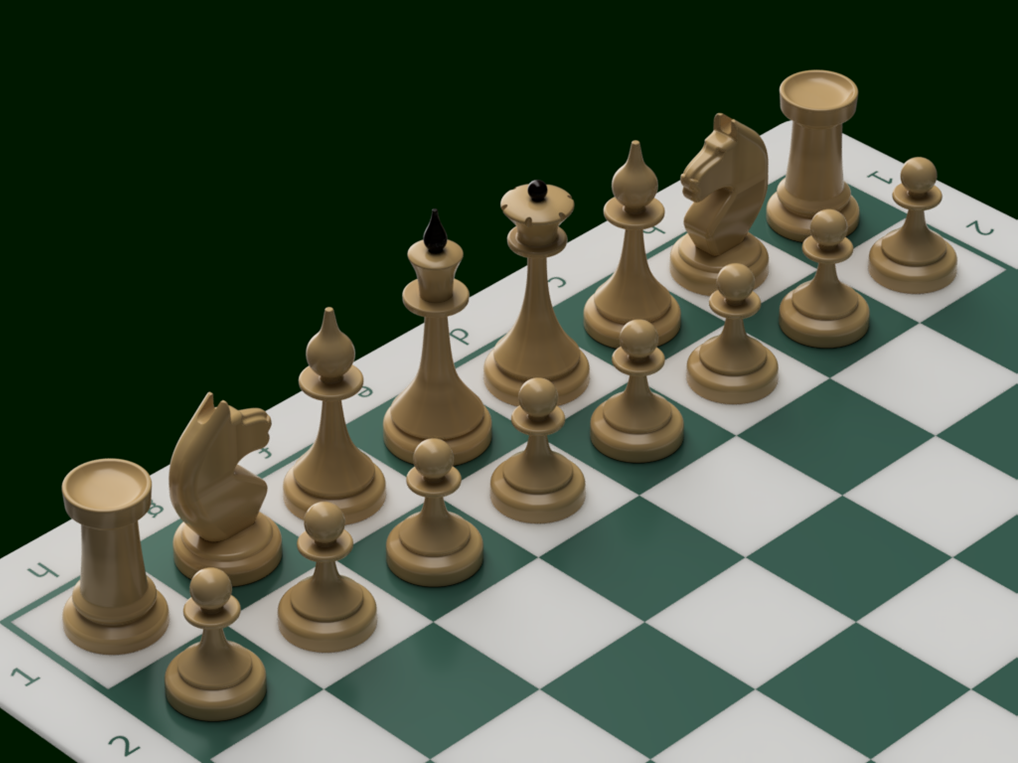 Chess pieces on green and white board